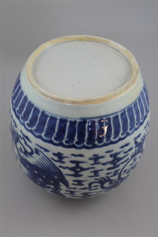 A Chinese blue and white jar, in Transitional style, 22cm, base cracked